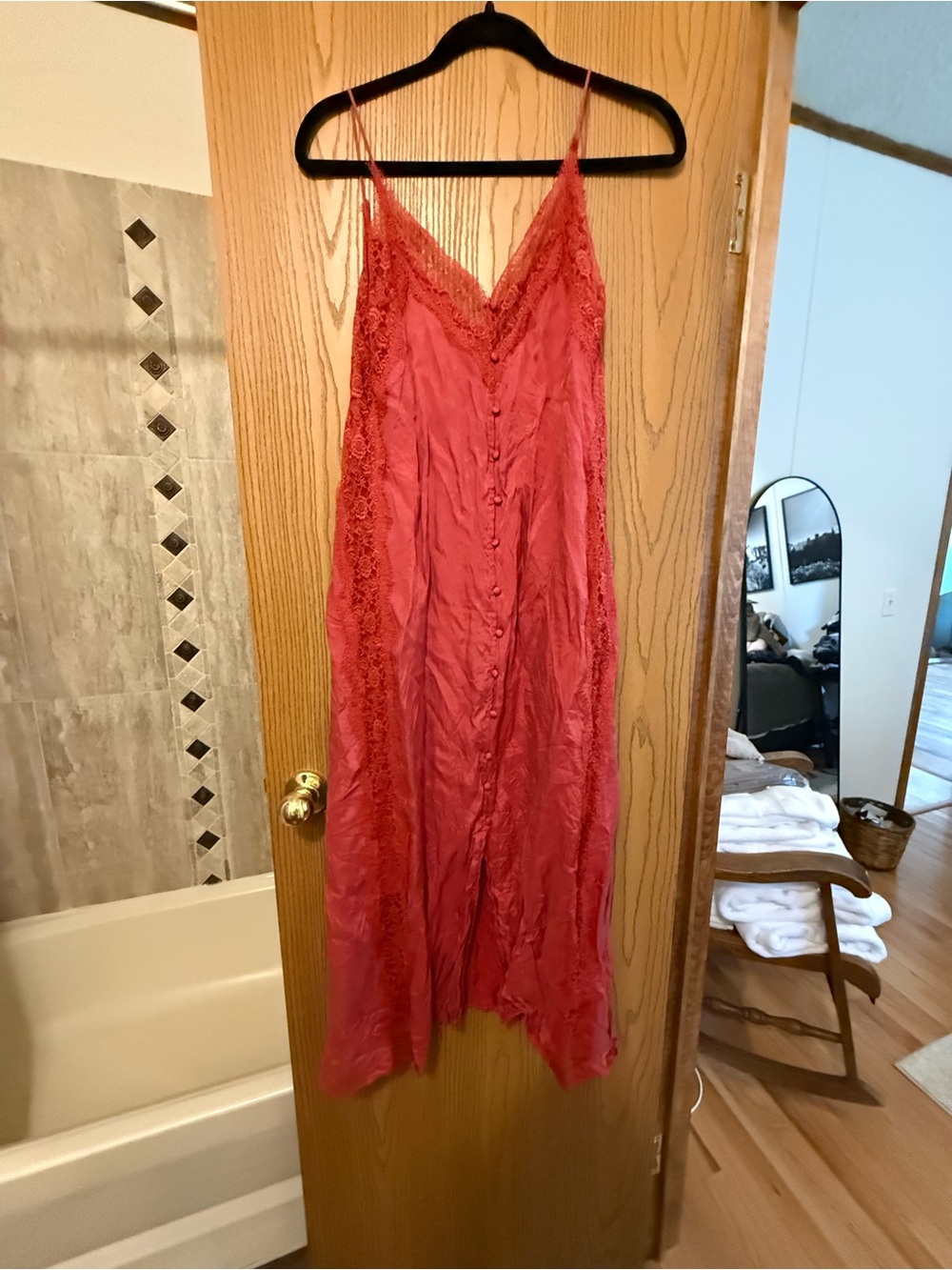 Silky Lace-Trim Red Slip Dress with Button Front